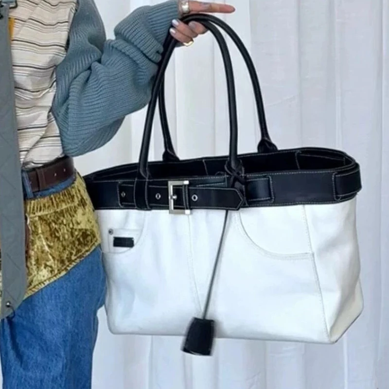 Large Capacity Tote Bags For Women Luxury Designer Handbags And Purses 2025 New In Fashion Canvas Splicing Belt Buckle Shoulder