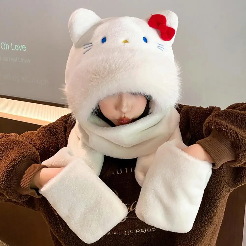 Sanrio Kawaii Hello Kitty Plush Hat Scarf Gloves Three Piece Set Anime Child Aldult Winter Thicken Warm Cute Girls Festival Gift