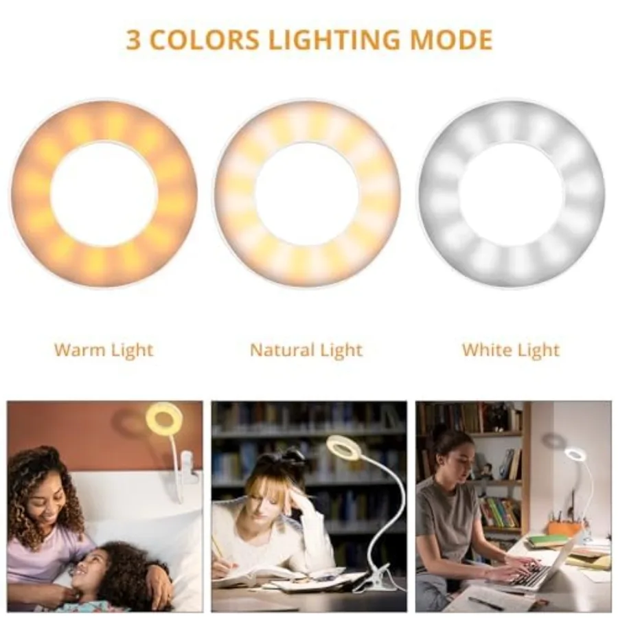 Desk Clip on Lamp for Reading Home Office, with 5V 2A Adapter, 10 Dimmable Brightness 3 Modes, Clamp Reading Light for Bed Head