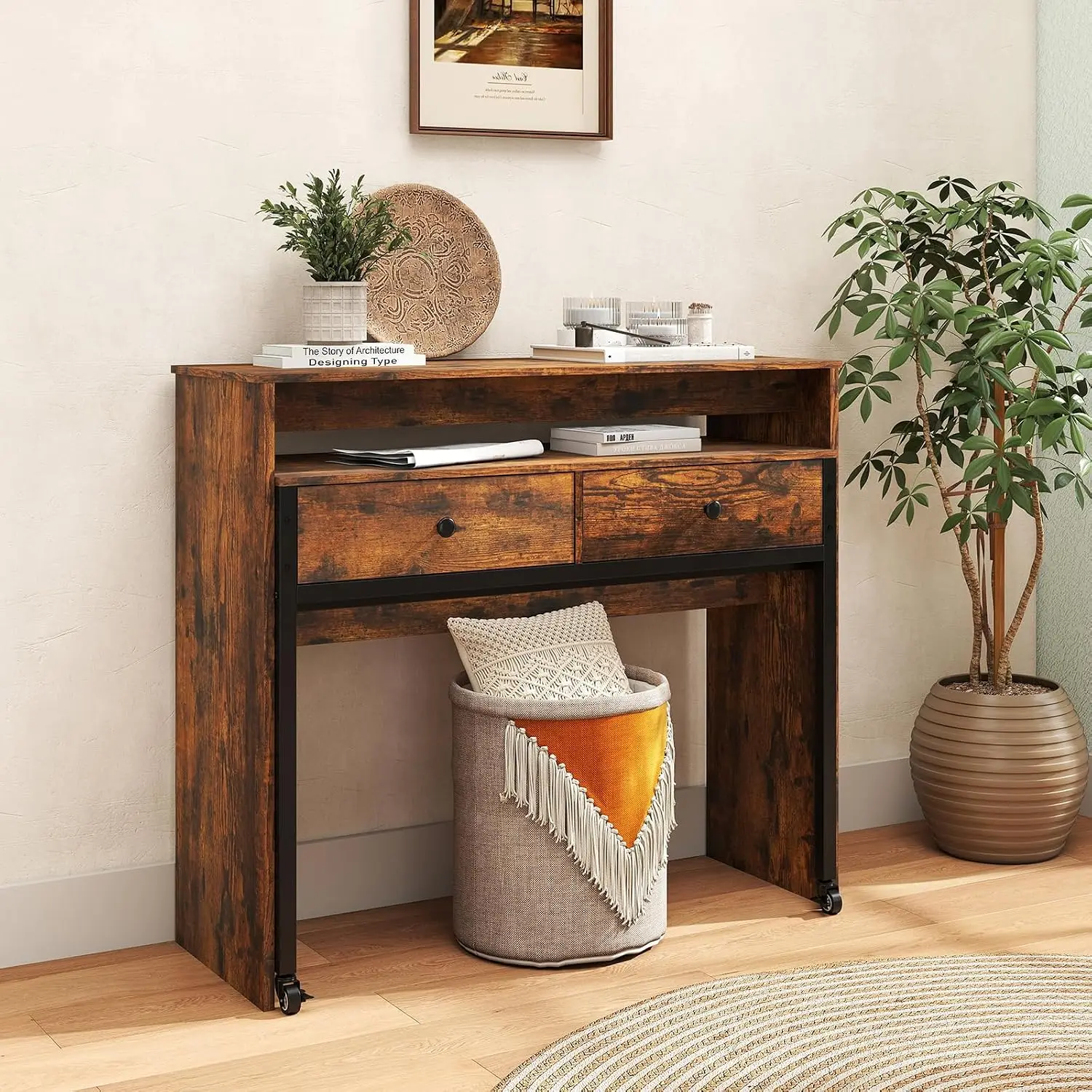 Small Computer Desk with Hutch & Drawers, Extendable Desk with Pull Out Table, Monitor Stand & Wheels, Compact Desk, Customized