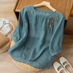 Summer New Short Sleeve Shirt Embroidered Loose Round Neck Short Sleeve Retro T-shirt Women's Round Neck