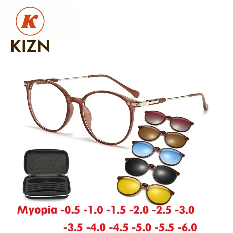 

KIZN спортивные женские круглые солнцезащитные очки для близорукости с магнитным зажимом, оптические очки в прозрачной коричневой оправе, очки по индивидуальному заказу-0,50