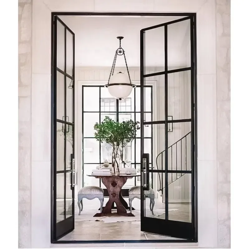 steel door frame profile internal steel arch French door steel apartment building entrance door, outdoor garden room