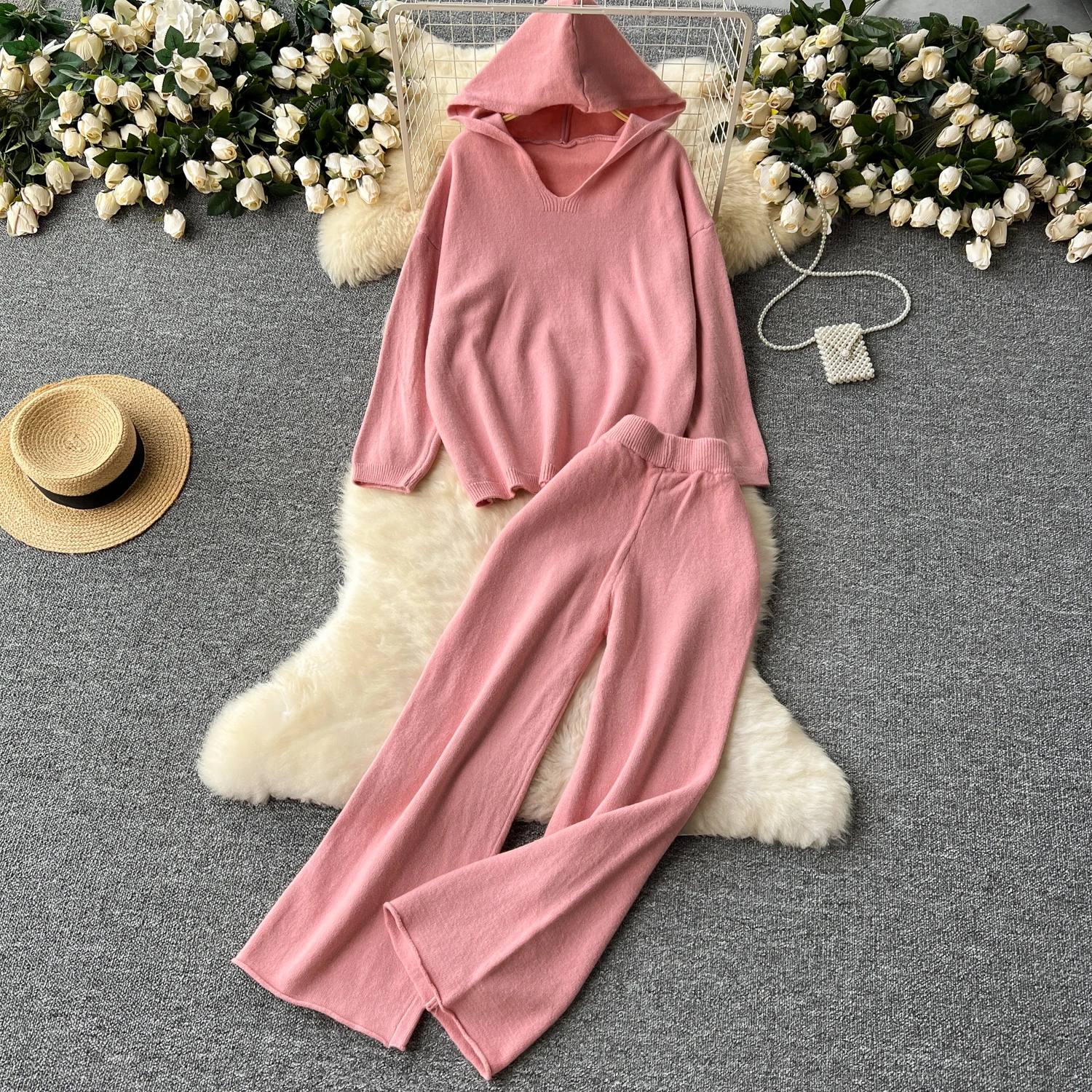 

Women Chic Retro Two Pieces Sets Autumn Winter basics Hooded knit sweet High Waitst Wide leg pants Fashion Summer Sets