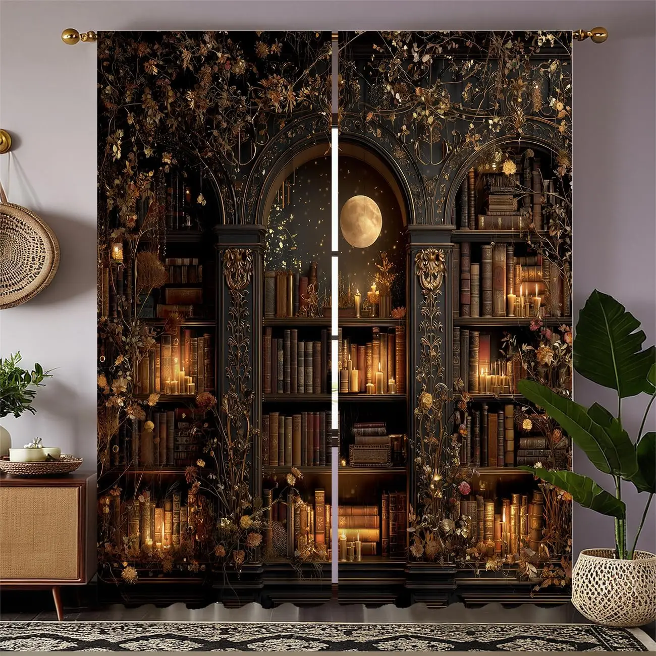 Vintage Bookshelf Blackout Curtains Gothic Candles Moon,Dark Academia Gothic Library Window Drapes for Living  Bedroom  2 Panels