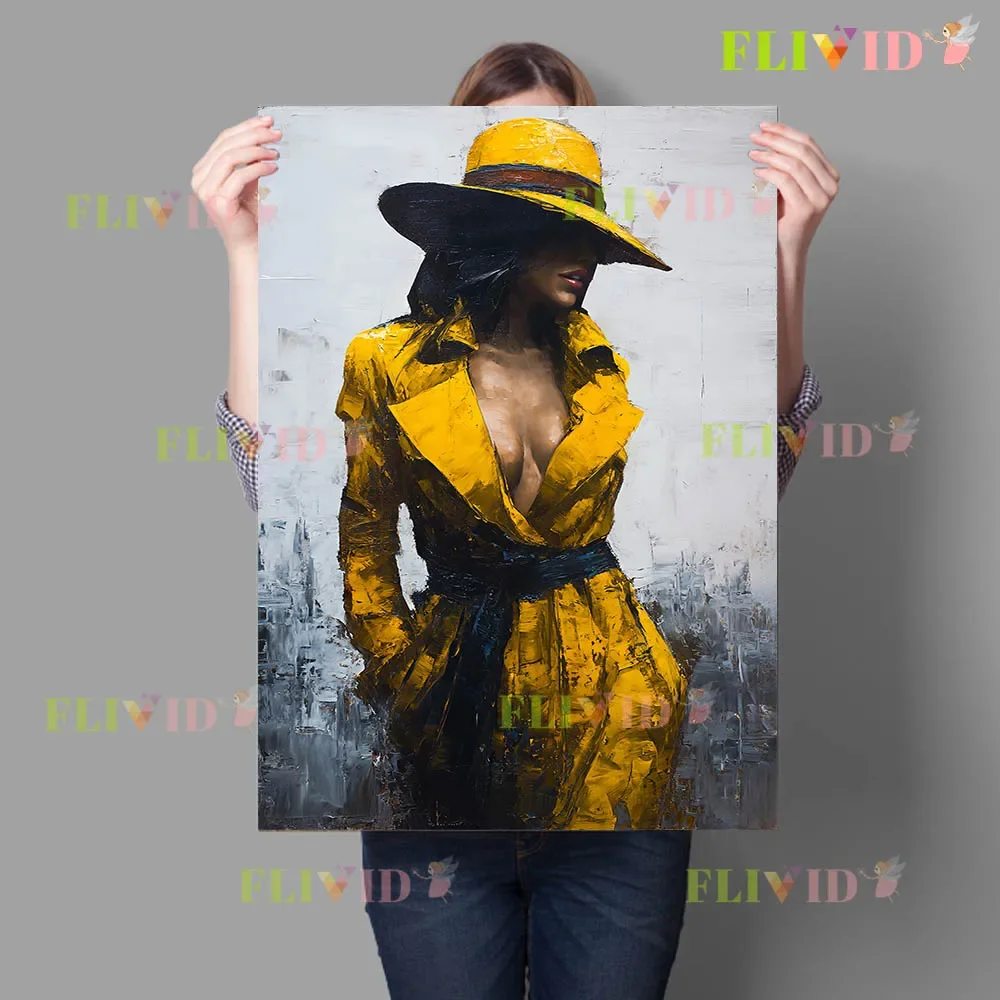 Abstract Fashion Woman Art Prints,Yellow Trench Coat Lady Canvas Wall Decor,Modern Luxury Poster,Entryway & Bedroom Decor