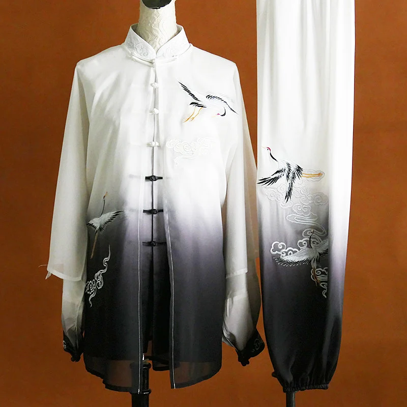 Embroidered Crane Tai Chi Suit Team Competition Martial Arts Performance Wear Sheer Cape Men Women 3 Piece Set Design