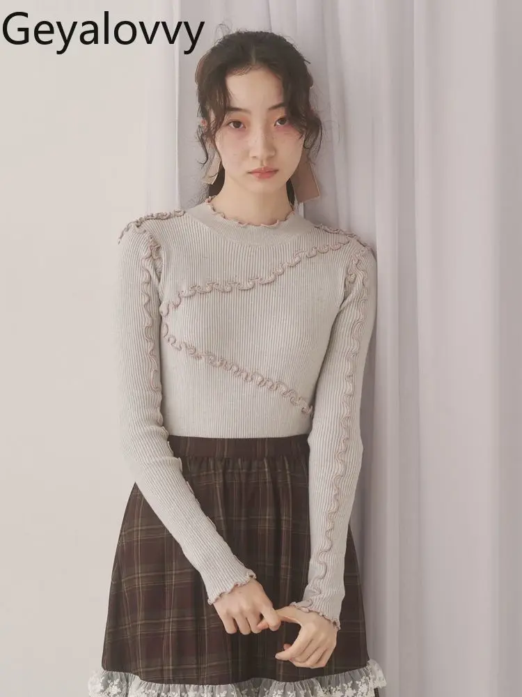 

Осень-зима, новинка, милая милая девушка, лоскутный пуловер с оборками по краям, полуводолазка, универсальная однотонная трикотажная базовая рубашка