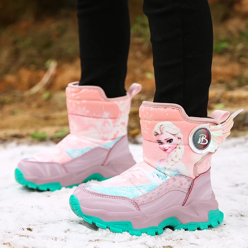 Sepatu Anak-anak Musim Dingin Putri Disney Elsa Sepatu Anak Perempuan Anti-selip Kain Mewah Sepatu Bot Salju Sol Karet Sepatu Bot Luar Ruangan Hangat Modis