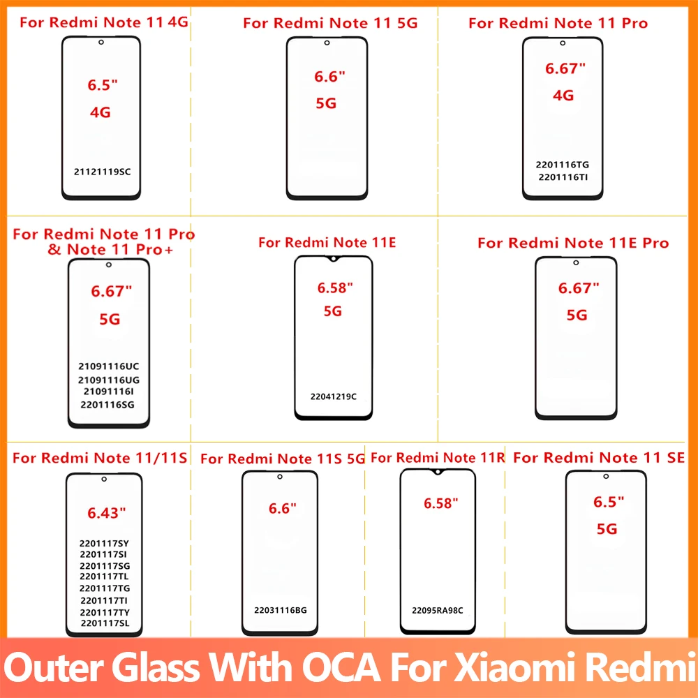 

Outer Screen+ OCA For Xiaomi Redmi Note 11 Pro 4G 5G 11E SE 11R Front Touch Panel LCD Display Glass Cover Repair Replace Parts