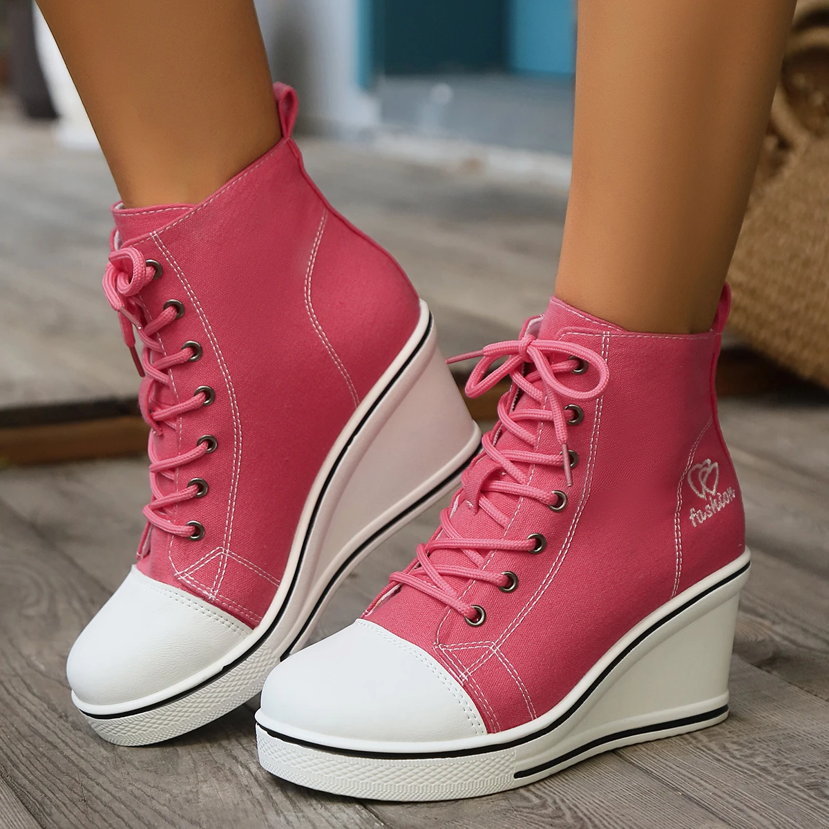 Women Sneakers 2024 New High Tops Wedge Fashion Platform Sneakers Woman Lace Up Height Increase Casual Canvas Shoes for Women