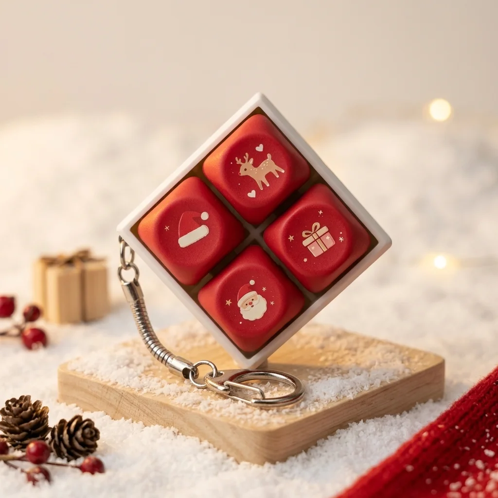 Christmas 4-Key Fidget Clicker Keychain, Xmas Santa Reindeer Gift PBT Keycaps, Portable Stress Relief Mechanical Switch Tester,