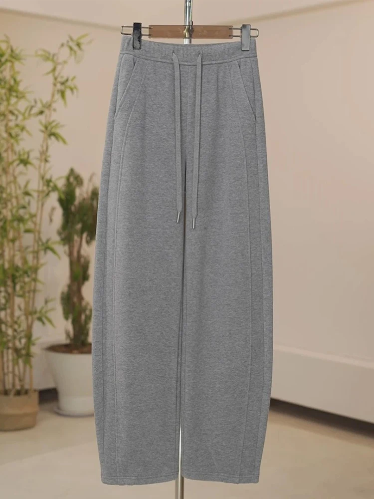 

Gray Fleece Lined Curved Knife Pants Women's Autumn Winter High Waist Drape Casual Sweatpants Acetate Wool Banana Pants