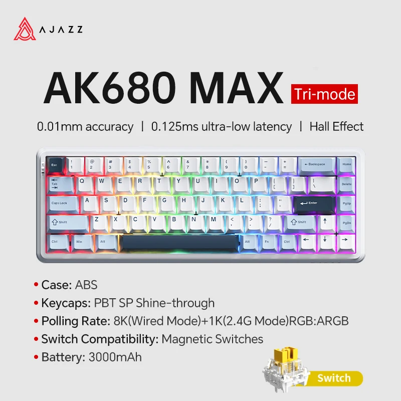 AJAZZ AK680 MAX Mechanische Tastatur HE Hall-Effekt-Schalter 60 % 8k/1K RGB Wired/Wireless Gaming Rapid Trigger Magnetische Tastatur 6