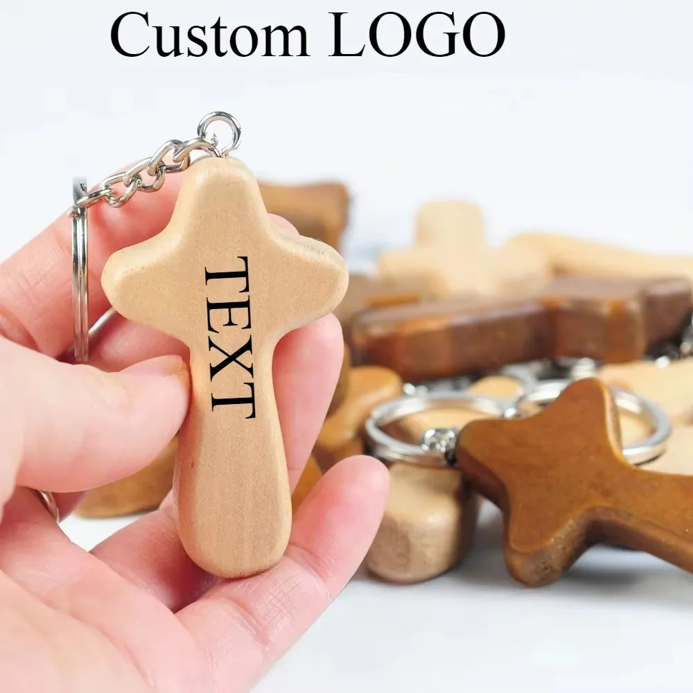 

Personalized Car Moto Custom Logo Name Keychain Bag Pendant Keyring Jesus Christ Wooden Cross Key Chain Ring Decorate Gift