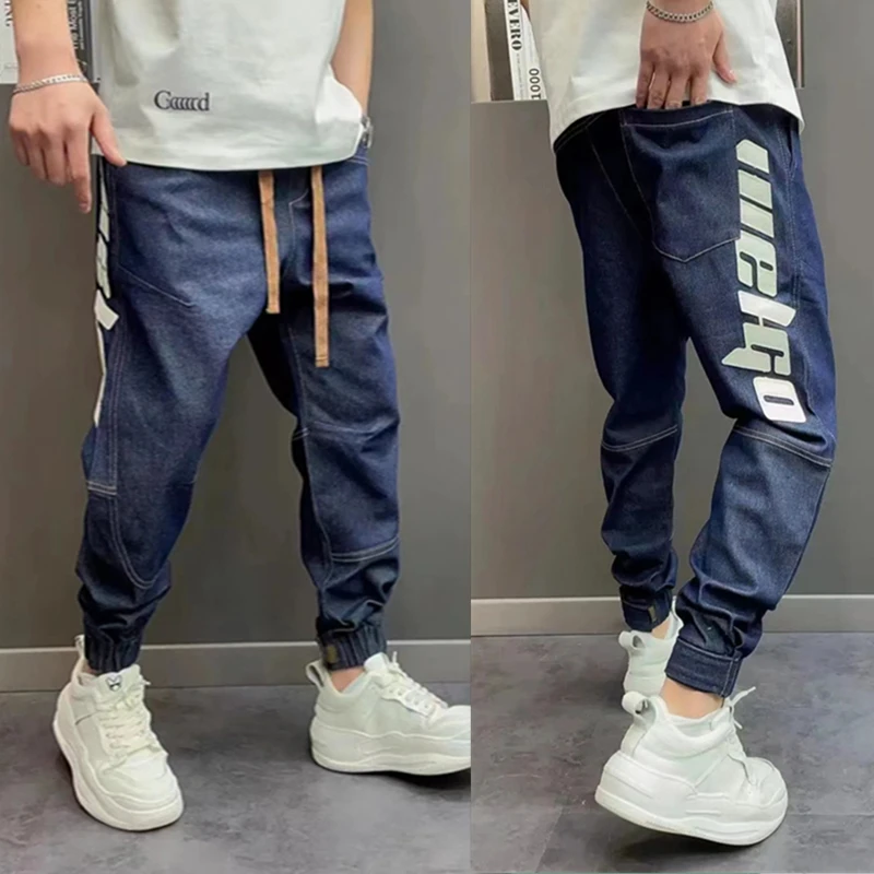 

High Quali Comfortable Men's Loose Fit Casual Embroidered Cuffed Jeans Spring New Sle Magic Tape Harajuku Sle Blue Jeans