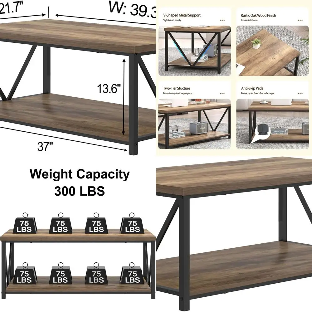 

Modern Rustic Oak Cocktail Table with Storage, Industrial Metal & Wood, 39.3 for Living Room, Bedroom, Home Office