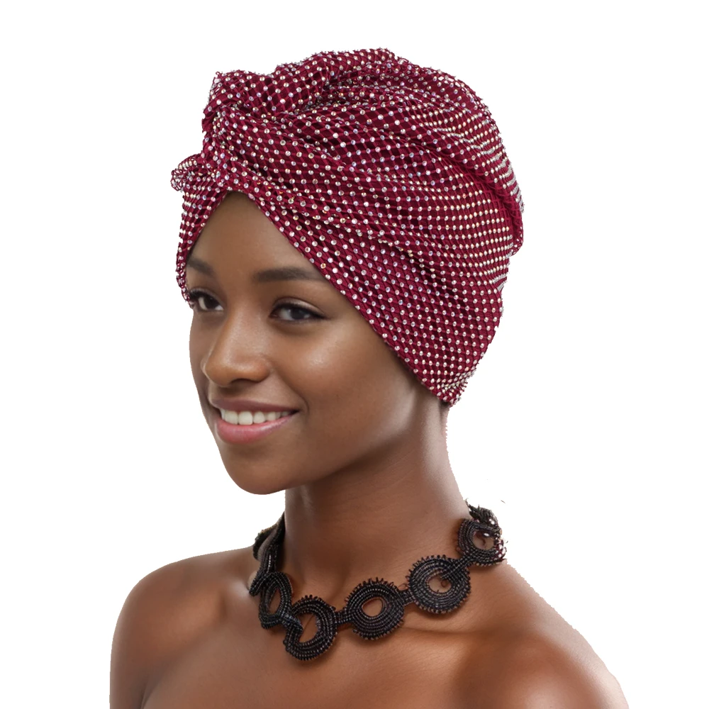 Luxury Diamond Mesh Women's Turban Cap African Female Head Wraps Muslim Hat Nigeria Headwear