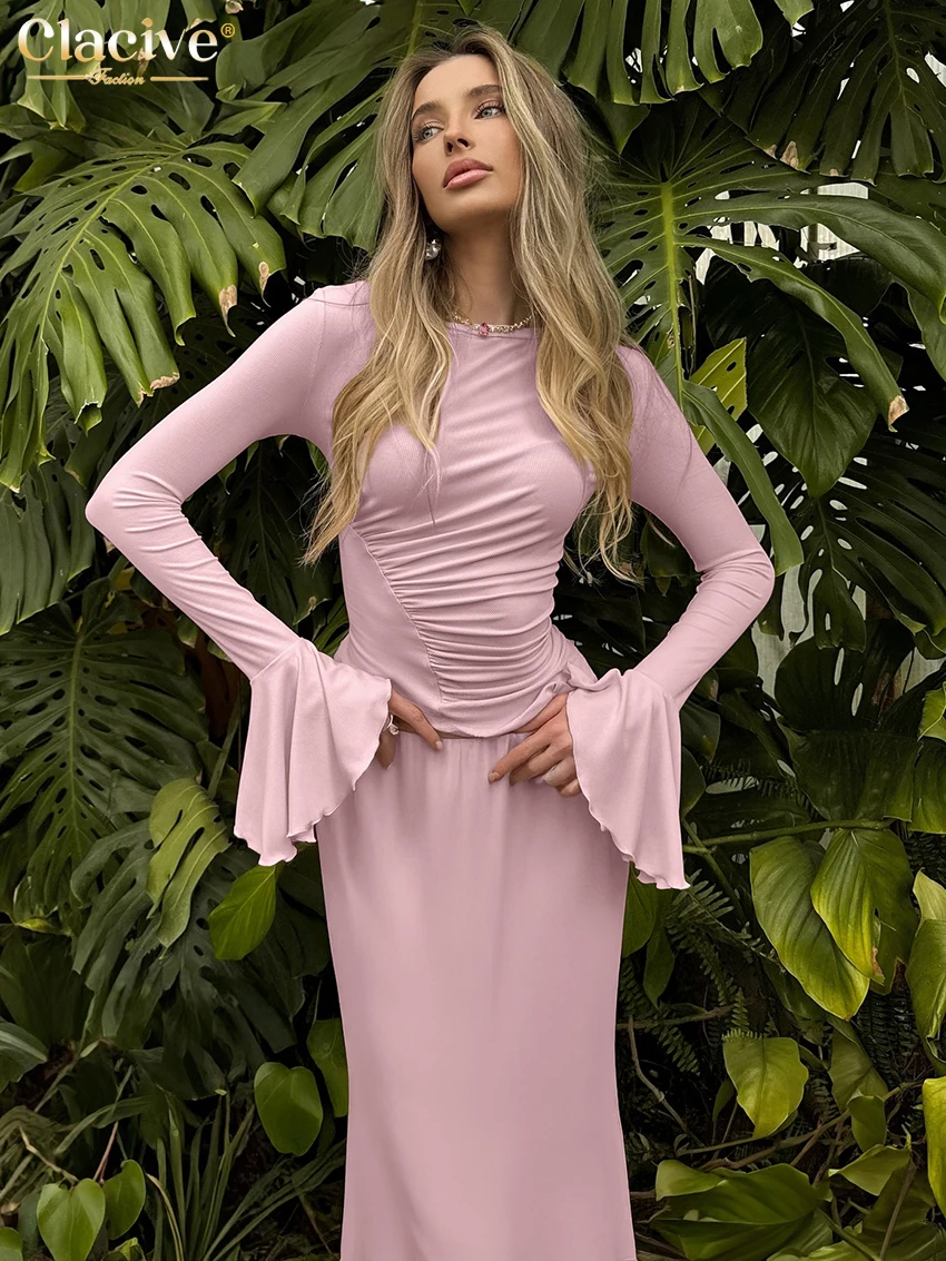 Clacive mode mince rose tricoté femmes deux pièces ensemble 2025 élégant chemise à manches longues avec taille haute Maxi jupe ensemble femme