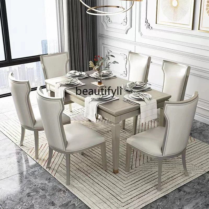 

A13 American light luxury style solid wood dining table and chair combination modern simple French dining table rectangular