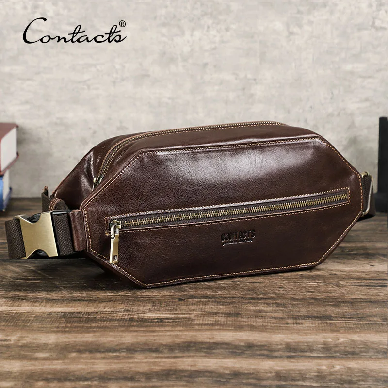 

CONTACT'S Genuine Leather Men Waist Bags Vintage Chest Bag Fanny Bags Croosbody Bags Men Travel Waist Packs for 8.3" iPad Mini