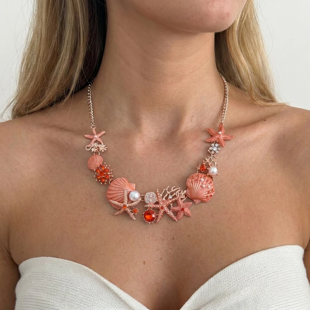 Sommerliches orangefarbenes Emaille-Schmuckset mit Seestern, Muschel und Koralle für Damen – Übertriebener Metall-Ozean-Charm-Schmuck als Geschenk – Detail 4