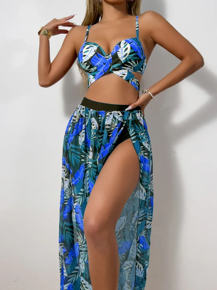 

3 Pieces Strappy Bikini 2025 Women Push Up Swimsuit Sexy Swimwear Female With Beach Dress Bathers Bathing Swimming Swim Suit