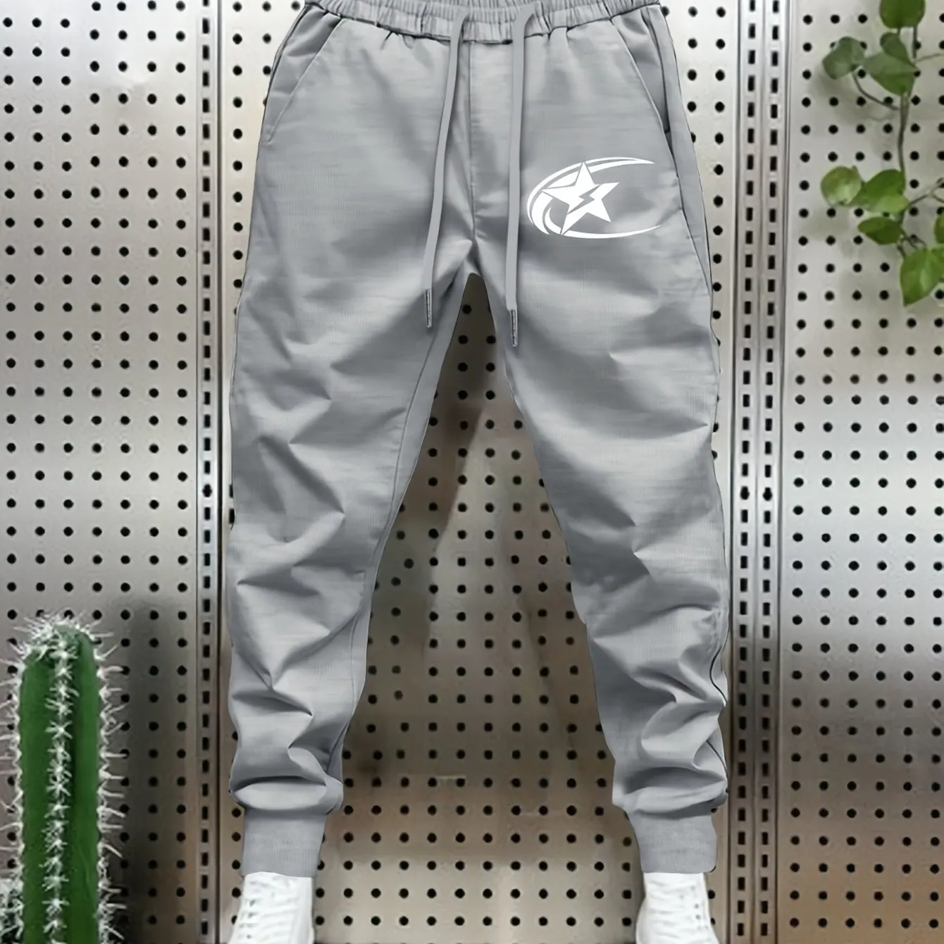 Men's Trendy Fitness Long Pants, Creative Five-Pointed Star Print, Simple Style, Fleece Lined, Casual Sports Trousers