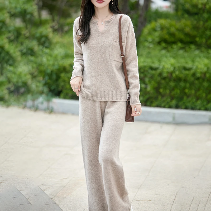 Women's Suit Spring Autumn Winter 100% Merino Wool Pullover Sweater Fashion High Waist Straight Pants Knitwear Two Piece Set
