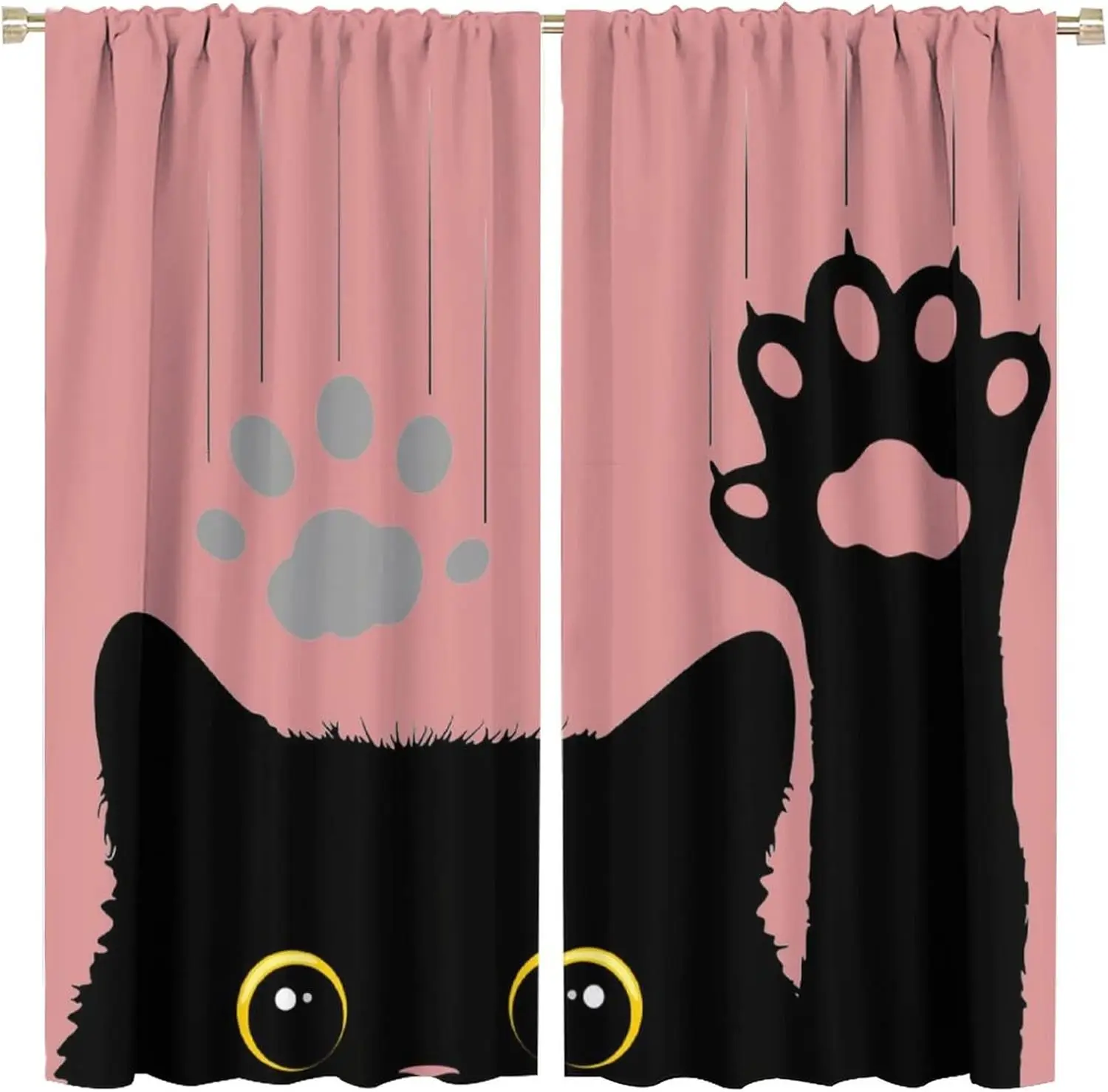 Cute Cat Blackout Curtains Lovely Cartoon Animal Cat Paw Print Black Pink Art Print for Kids Girls Bedroom Living Room  2 Panels