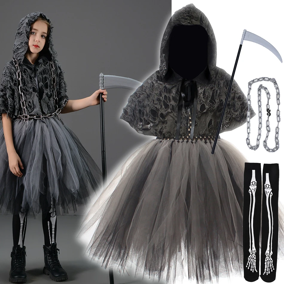 

Halloween Death Dress Up Costume With Hoodies Girls Evil Role Playing Tulle Tutu Kids Carnival Party Fancy Sickle Chain Clothes