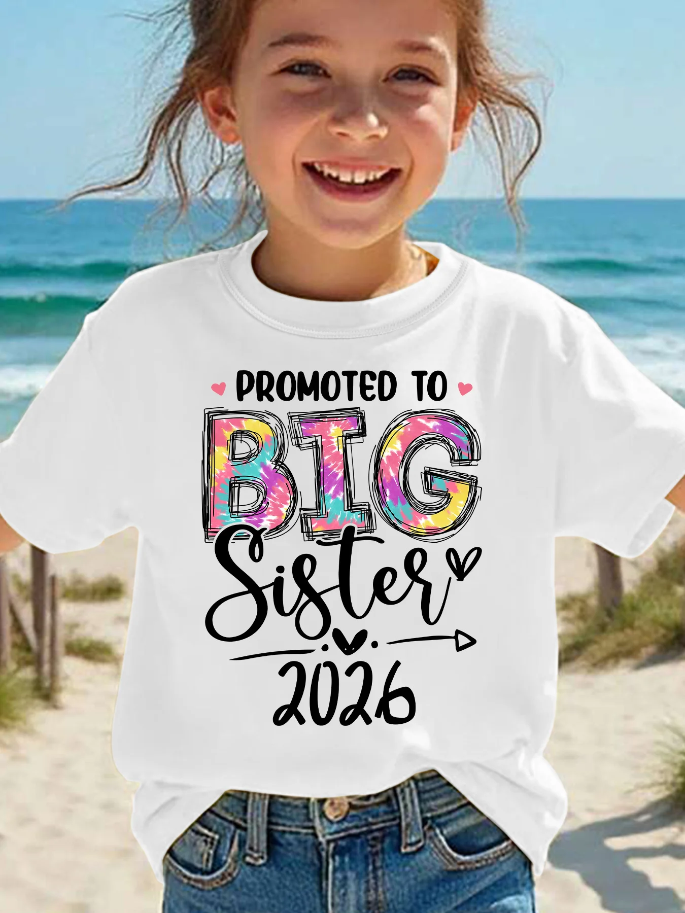PROMOTED TO BIG SISTER 2026 Letter Printed Casual Versatile Top Summer Fashion Girls' Short Sleeved T-shirt Funny Children Tops