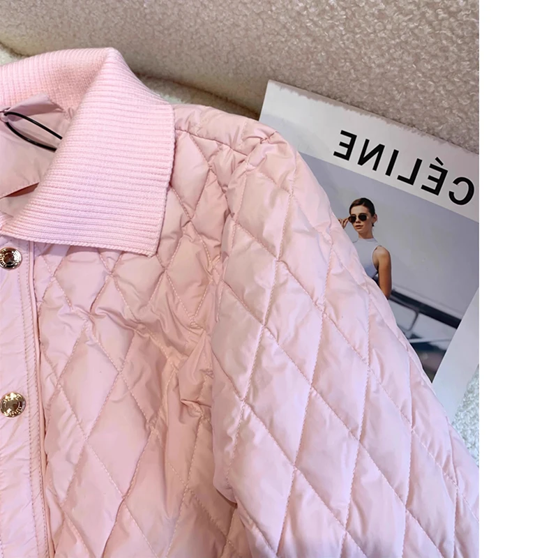 Winter Cotton Pink Jacket Lightweight Diamond grid Parka autumn Long Skeeve Fashion Simple and high-end casual Coat Outerwear