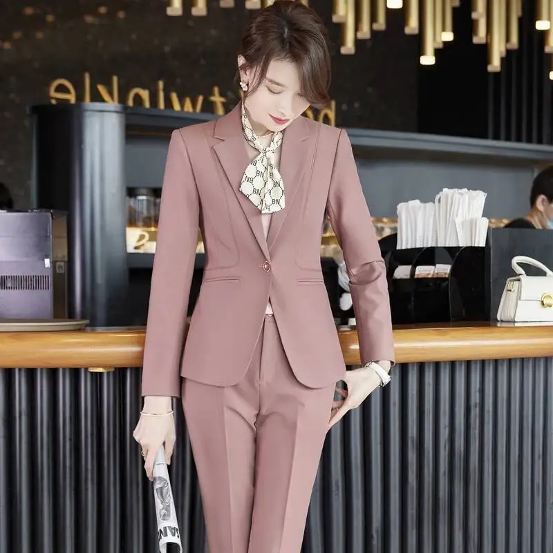 

Uniform Styles Formal Pantsuits for Women Elegant Pink Professional Blazers Business Career Interview Outfits Trousers Sets