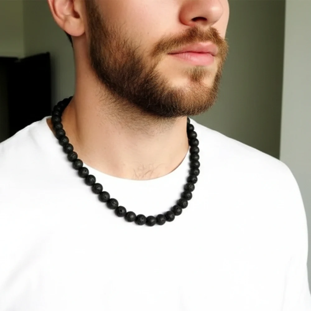 Modny męski naszyjnik 6/8mm czarny kamień lawowy żółty tygrysie oko Choker Rock naszyjnik z koralików mężczyzn biżuteria Handmade kołnierz Dropshipping — zdjęcie 7