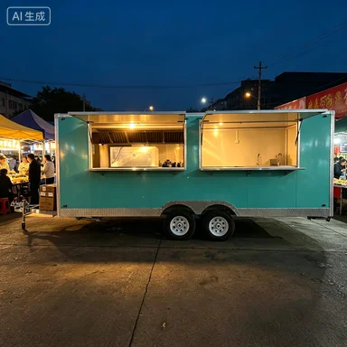 Large Mint Green Double Axle Towable Food Trailer Dual Open Service Windows Full Kitchen Interior Concession Food Truck