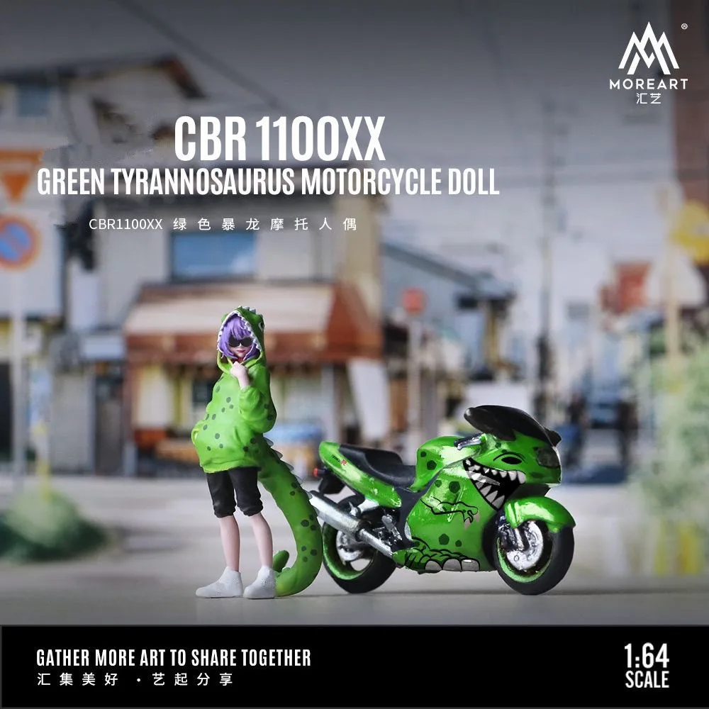 MoreArt 1:64 CBR 1100XX Green Tyrannosaurus Motorcycle Doll Set For Display & Collection & Gift