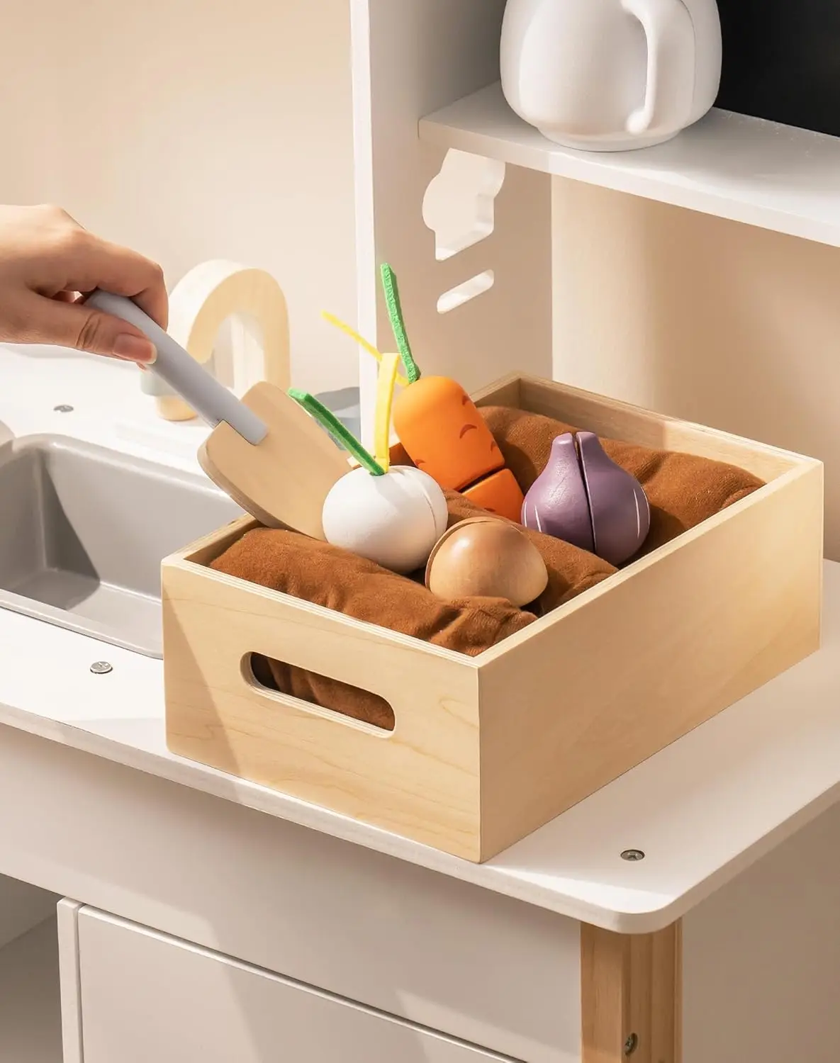 Zabawna kuchnia dla dzieci, drewniane dzieci bawią się w zestaw kuchenny z zabawka do cięcia zestaw żywności, tosterem i zestawami ogrodniczymi dla malucha-maluchy