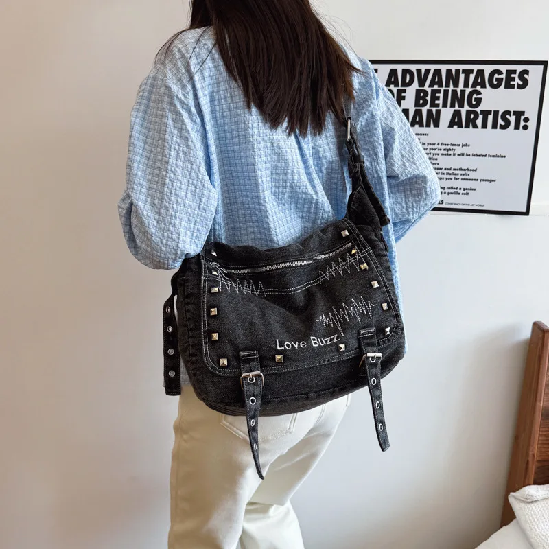 

Запираемая сумка-тоут большой емкости, мотоциклетная из потертого денима в стиле ретро, женская сумка через плечо большой вместимости