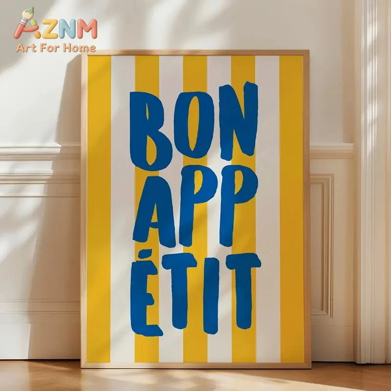Um pôster em tela Bon Appétit com um design de fonte azul impressionante, é adequado para uso em restaurantes, salas de estar e escritórios