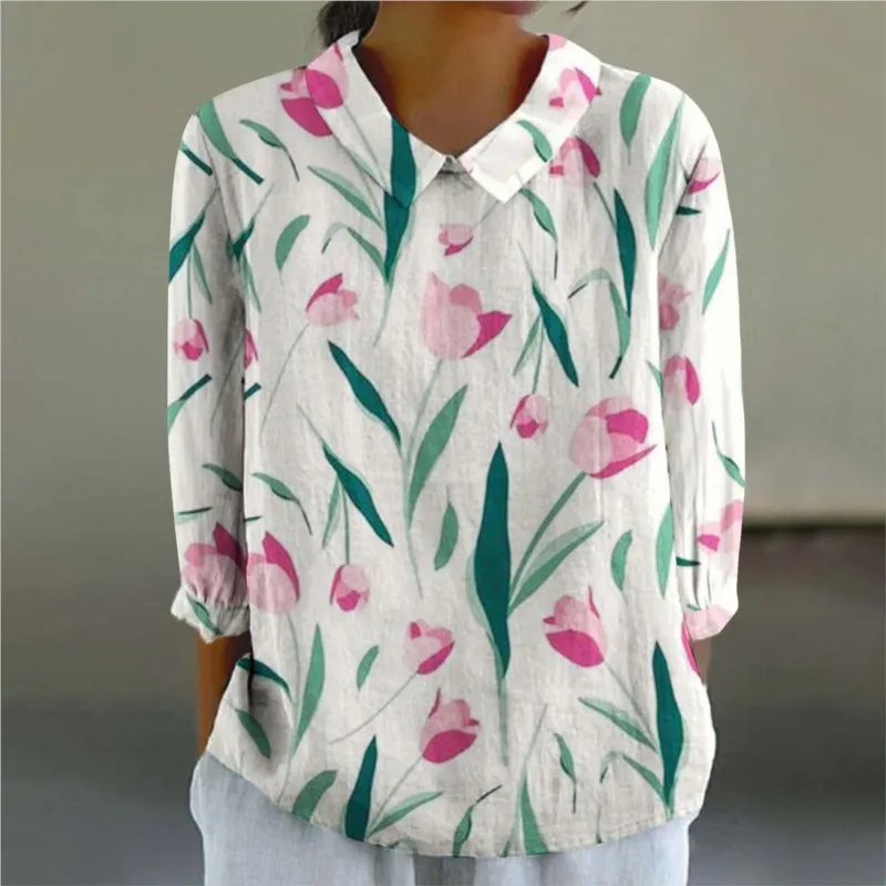 

2024 Autumn Vintage Floral Pattern Printed Long Sleeve Linen Shirt Women's Doll Neck Loose Casual Cotton And Linen Shirts Tops