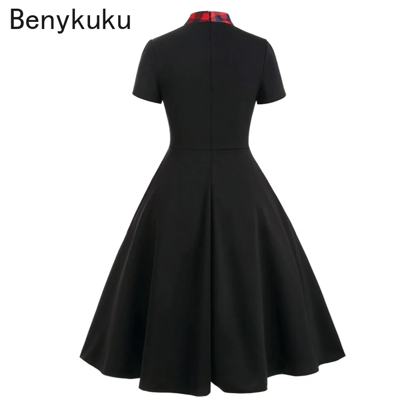 Red Plaid 50s Vintage Pin Up Midi Dress Bow Tie Neck Casual Robe Femme Women Short Sleeve Summer A Line Elegant Dresses Vestidos
