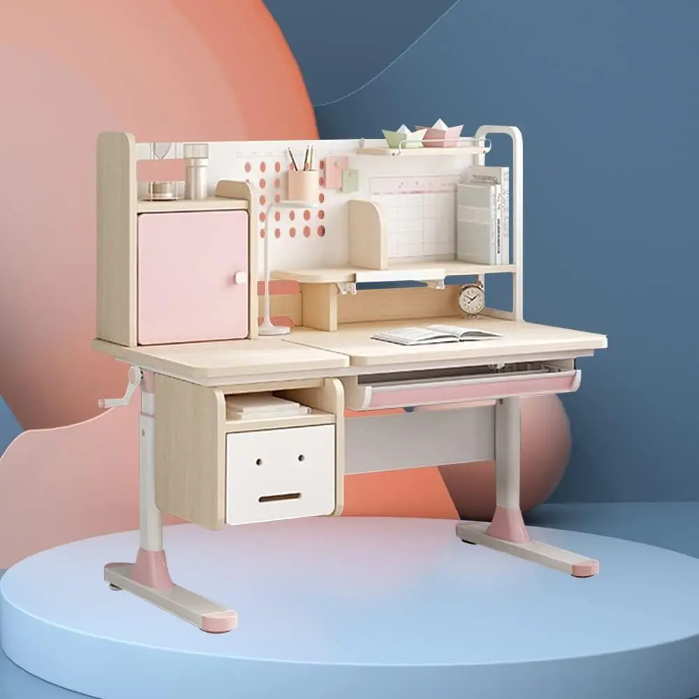 

Adjustable Multifunctional Wooden Kids Study Desk with Bookshelf and Hutch, Pink