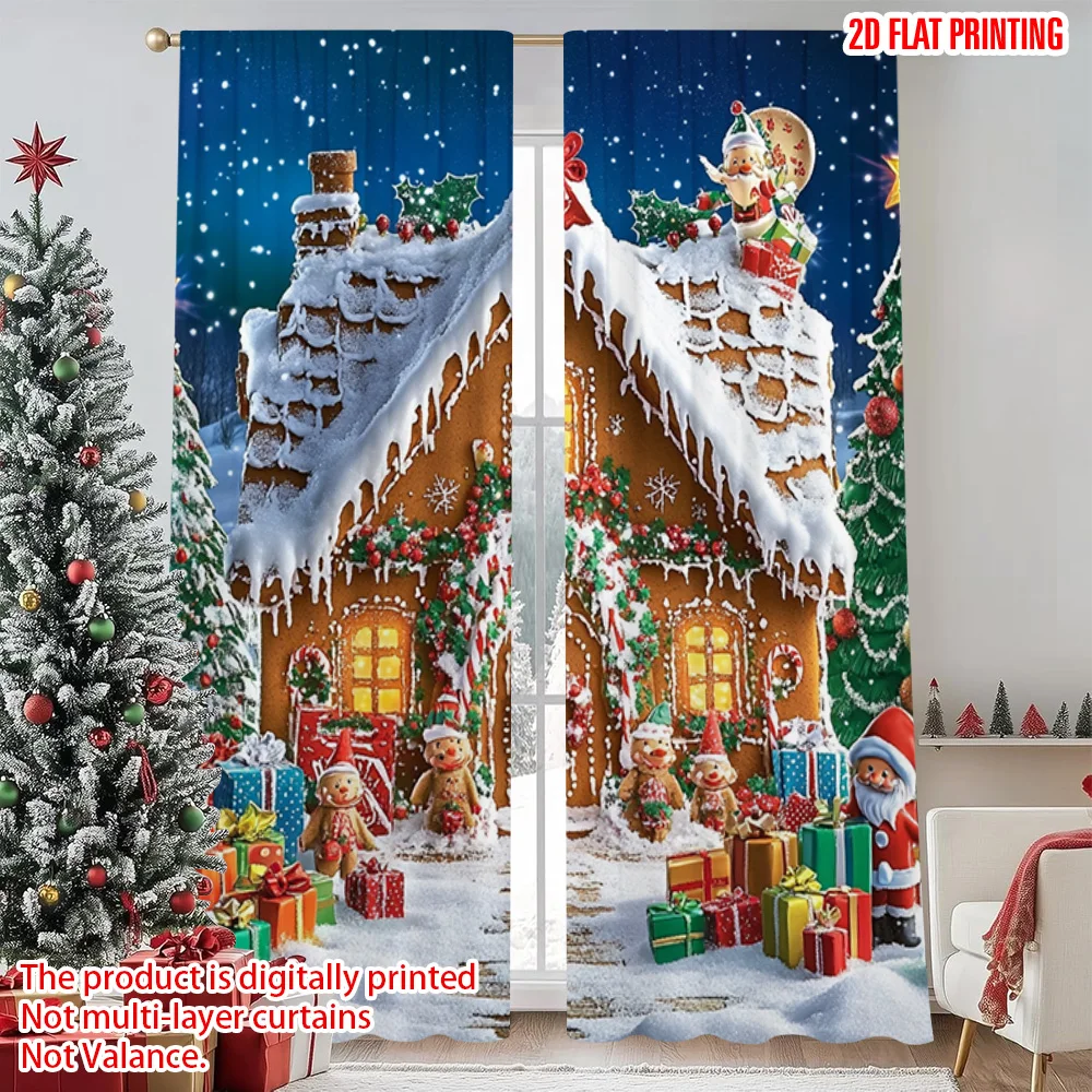 

2pcs 2D flat printing Merry Christmas Curtain Cartoon gingerbread house with snow Santa scene Machine Washable Fabric Without
