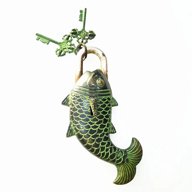 

Tibet Handicrafts Solid Bronze Antiqued Fish Locks Brass Golden Big Fish Family Arts Lock Free Shipping HDC101