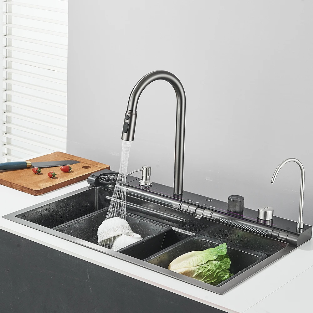 304 Stainless Steel Gun Grey Waterfall Kitchen Sink Large Single Slot with Faucet Soap Dispenser Cup Washer Dish Basin