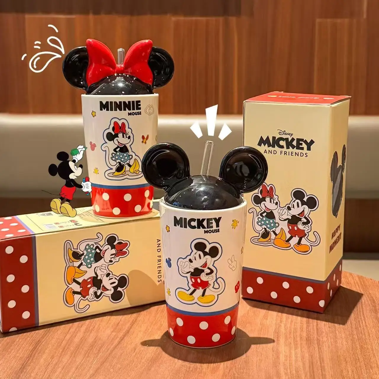 Tazza d'acqua di marca Cartoon Mickey Mouse Co Tazza in ceramica Disney carina Minnie Mouse con coperchio tazza di paglia regalo festival di coppia