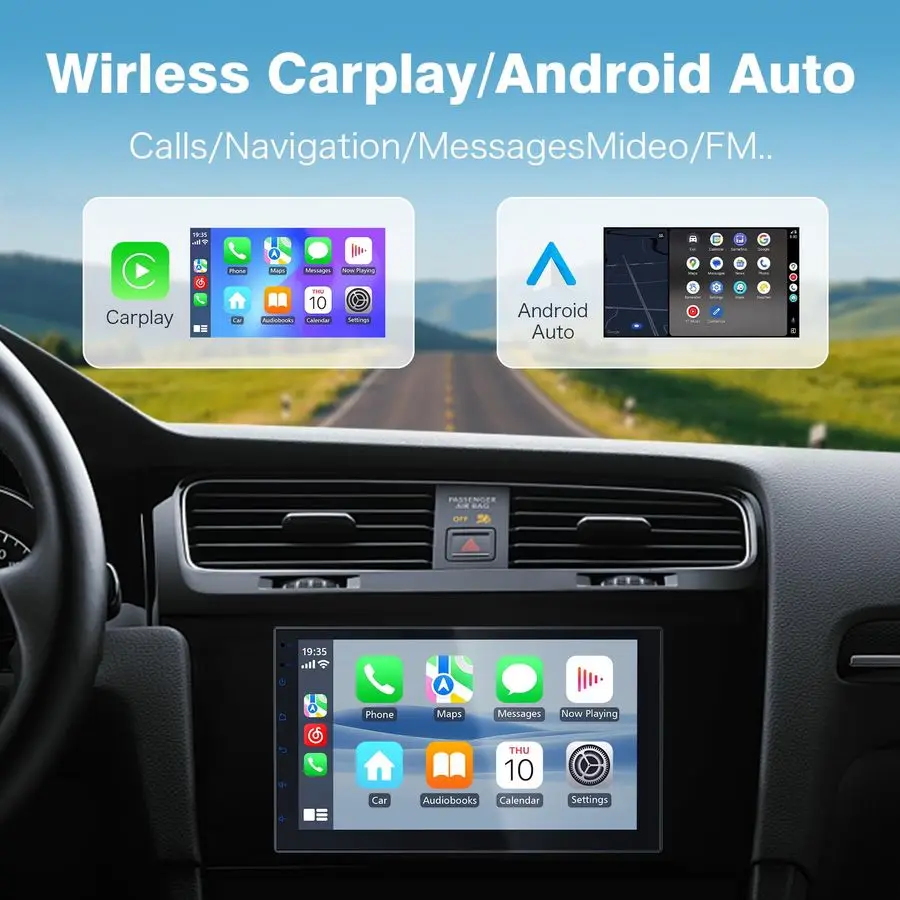 Беспроводной экран CarPlay Din для автомобиля, сенсорный экран 7 HD с Apple CarPlay, Android Auto, GPS-навигацией, Bluetooth, голосовым управлением