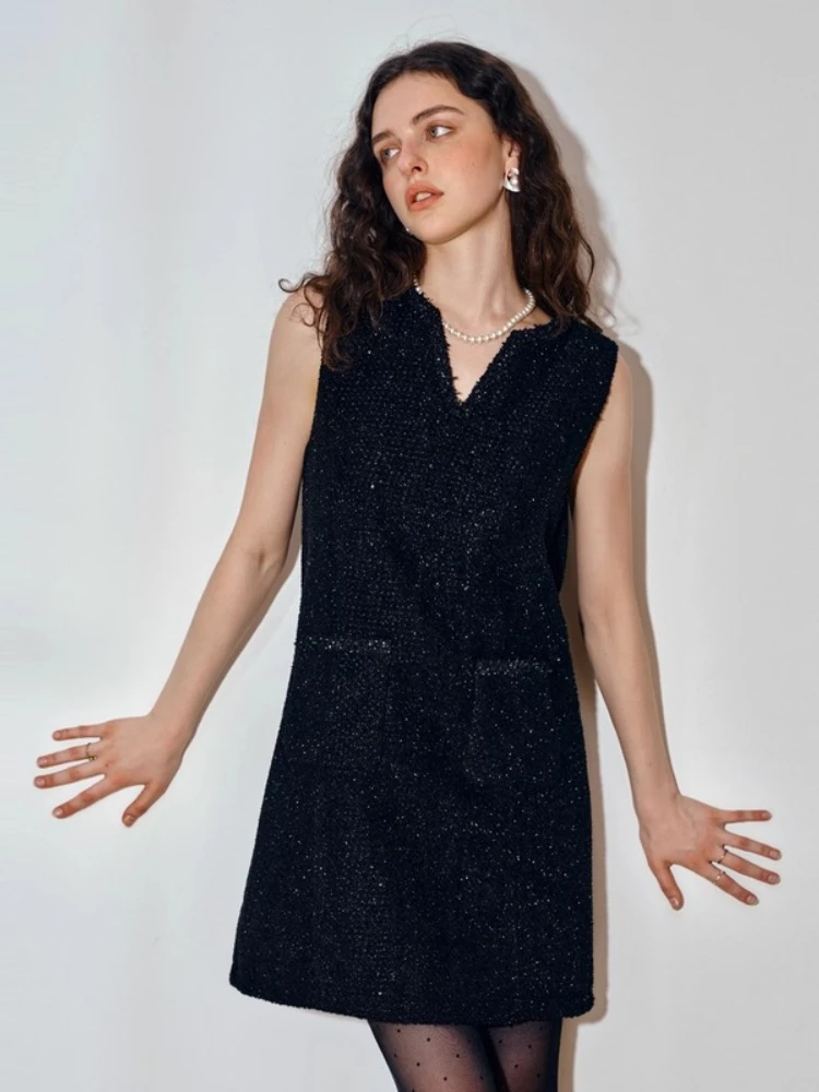 

OLrain Women's Elegant Dress 2025 Autumn V-neck Sleeveless Straight Dresses French Solid Sequins Mini Dress Commute O57QL001089