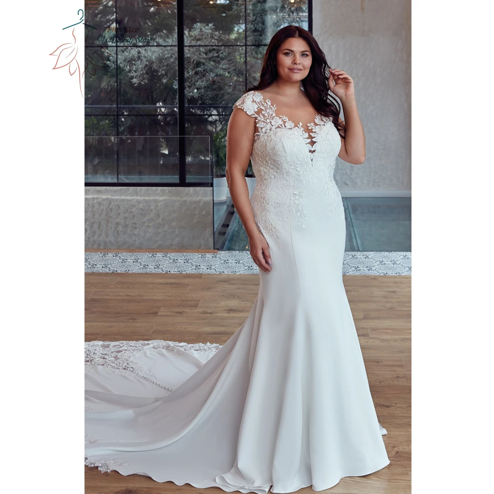 Classic Mermaid Wedding Dresses Plus Size V Neck Cap Sleeves Bride Gowns Appliques Back Button Sweep Train Vestido De Noiva 2023